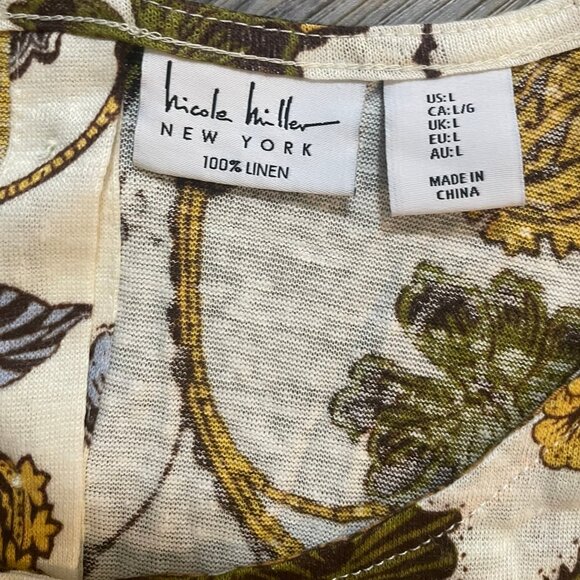 NICOLE MILLER Sz L 100% Linen Floral Stretch Linen Button Accent Back Top - Picture 6 of 7